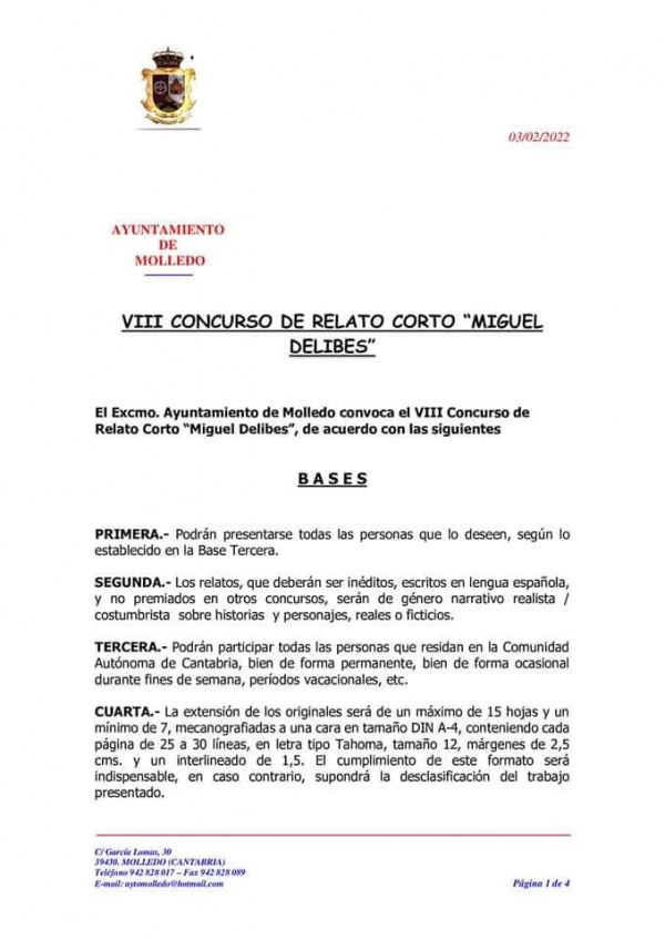 VIII Concurso de Relato Corto &quot;Miguel Delibes&quot; del Ayuntamiento de Molledo