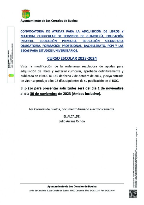 Convocatoria de ayudas para libros y transporte escolar del Ayuntamiento de Los Corrales de Buelna